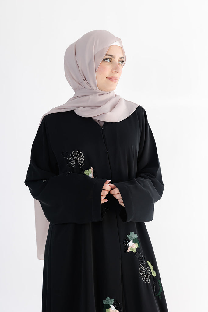 Black Open Abaya – Premium Blossom Embroidered Design