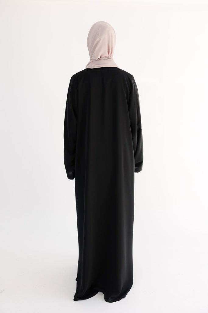 Black Open Abaya – Premium Blossom Embroidered Design