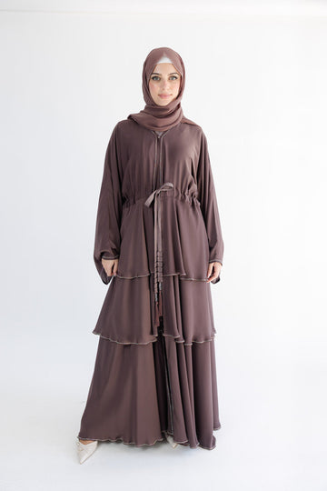 Mauve Luxury Embellished Layered Drawstring Open Abaya