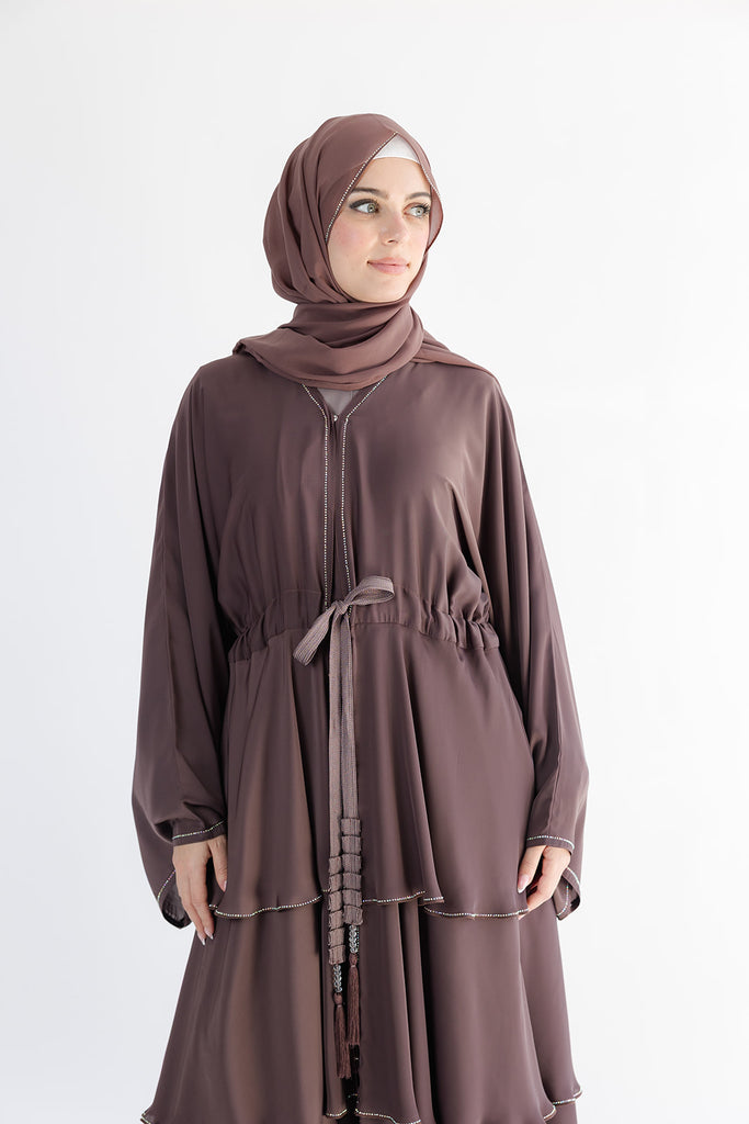 Mauve Open Abaya – Luxury Embellished Layered Design with Drawstring Detailing