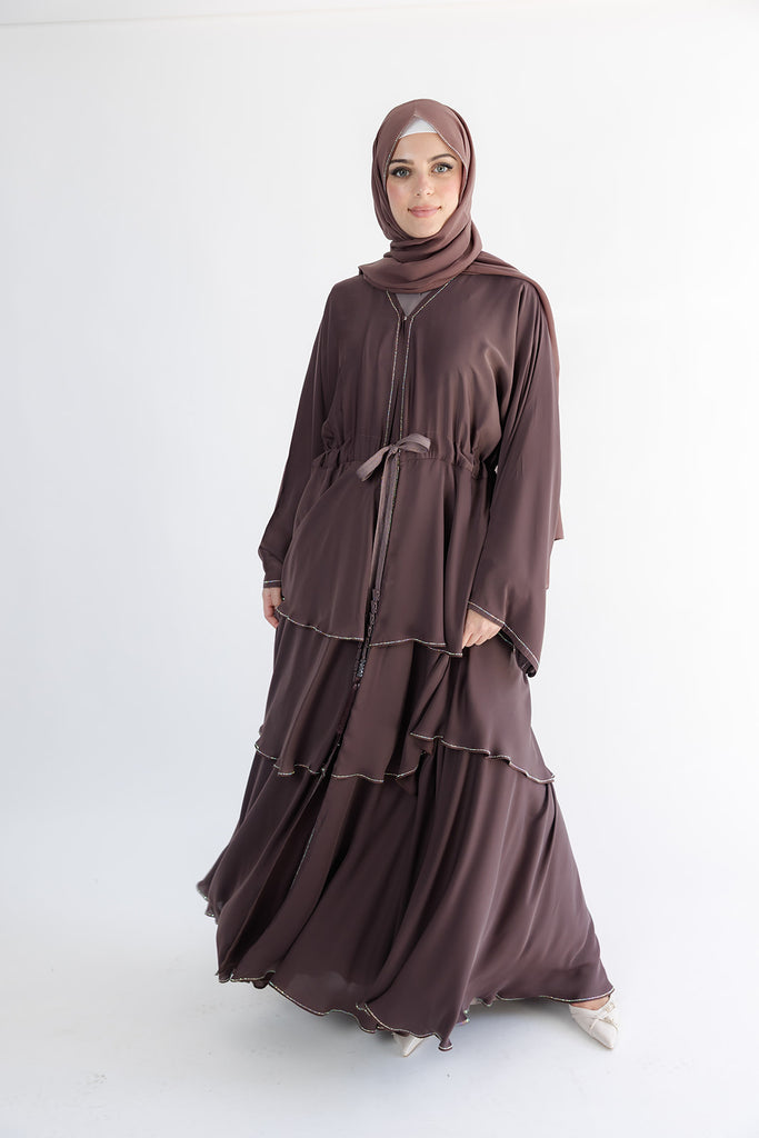 Mauve Open Abaya – Luxury Embellished Layered Design with Drawstring Detailing