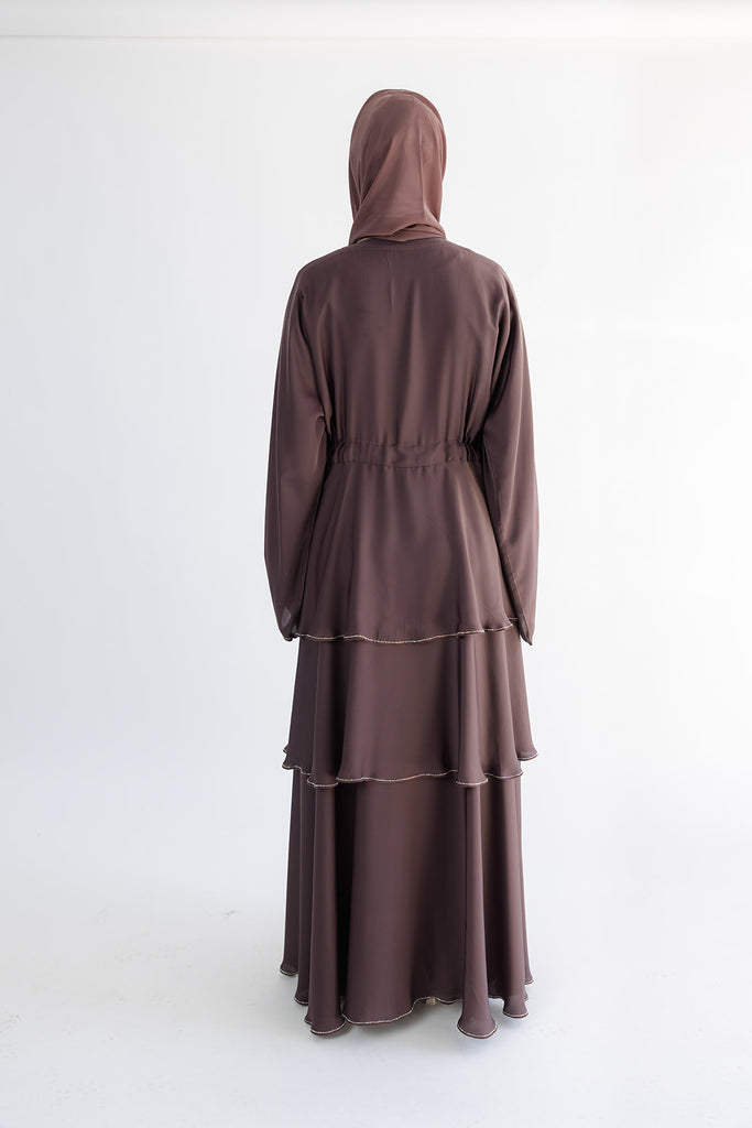 Mauve Open Abaya – Luxury Embellished Layered Design with Drawstring Detailing