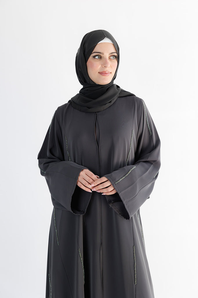 Dark Army Green Luxury Embellished  Beaded Open abaya