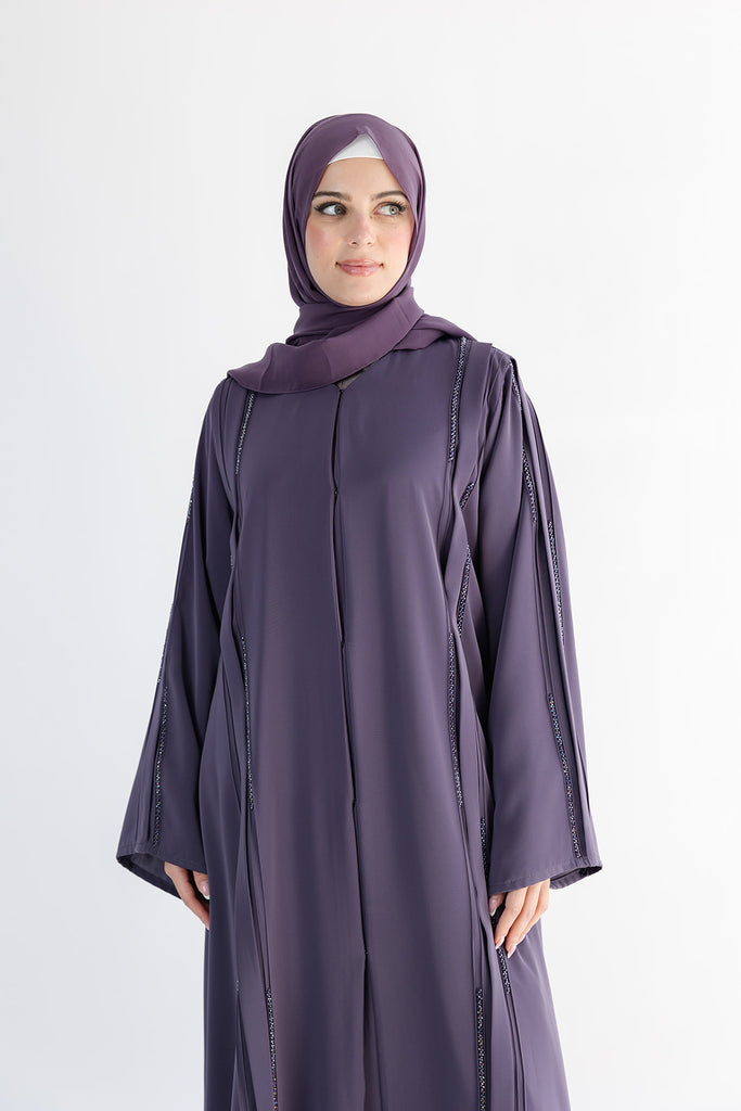 Purple Open Abaya – Luxury Crystal Embellished Design