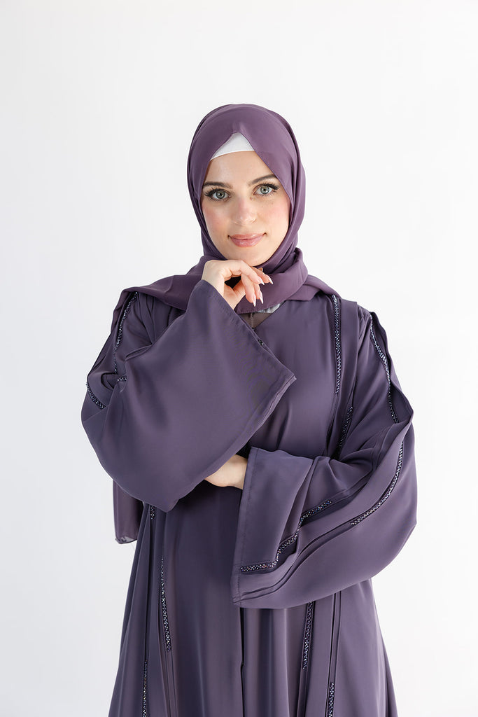 Purple Open Abaya – Luxury Crystal Embellished Design