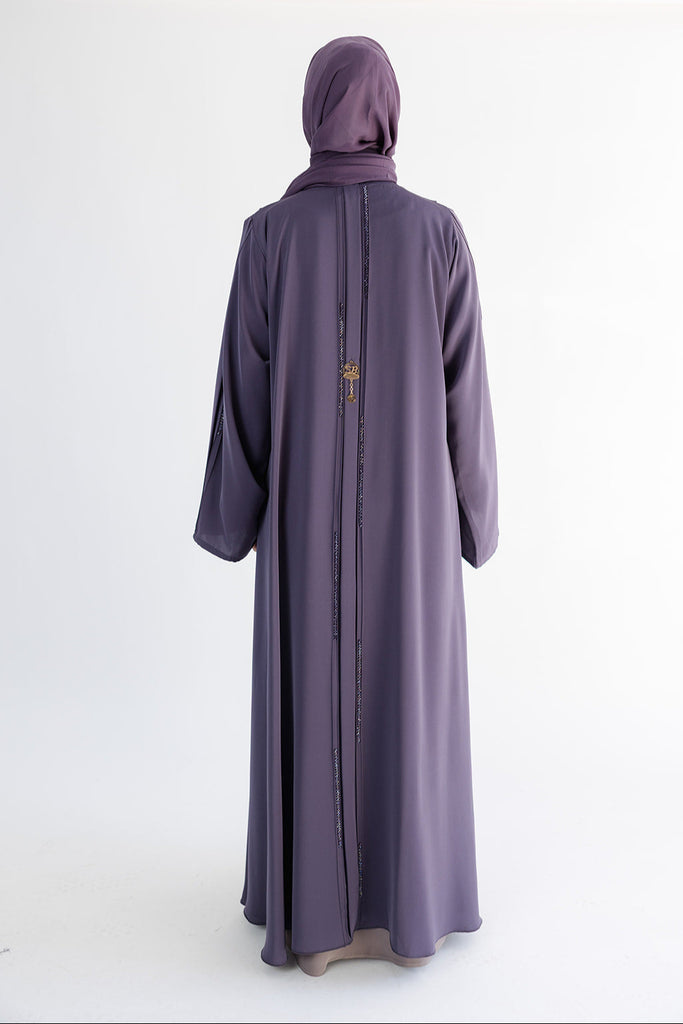 Purple Open Abaya – Luxury Crystal Embellished Design