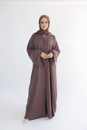 Taupe Luxury Beaded Embellishments Open Abaya