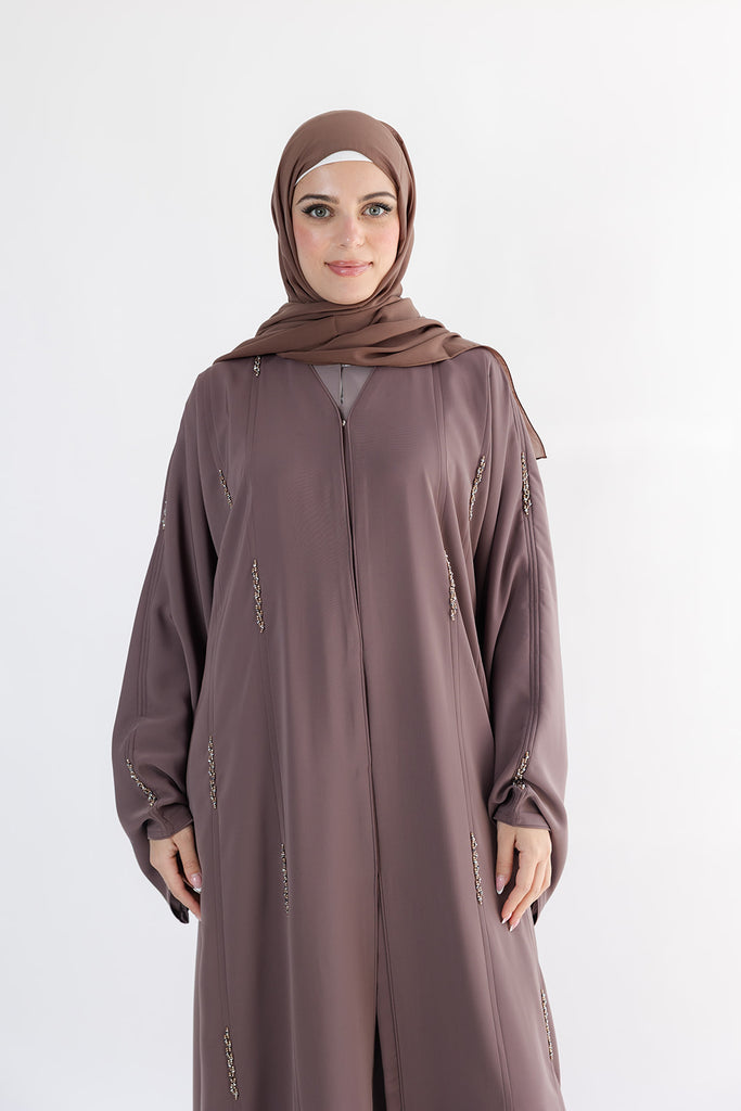 Taupe Open Abaya – Luxury Beaded Embellishment Design