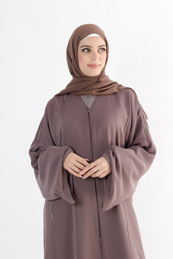 Taupe Open Abaya – Luxury Beaded Embellishment Design