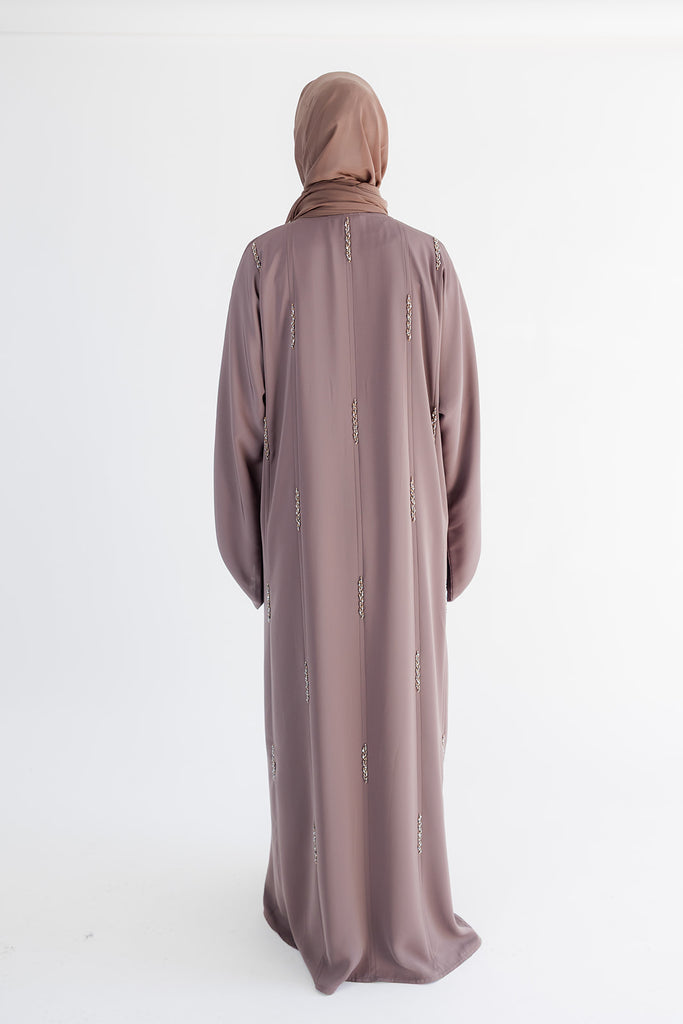 Taupe Open Abaya – Luxury Beaded Embellishment Design
