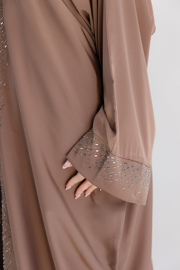 Pastel Brown Open Abaya – Embellished Batwing Design with Luxury Border Detailing