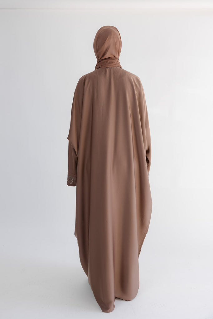 Pastel Brown Open Abaya – Embellished Batwing Design with Luxury Border Detailing