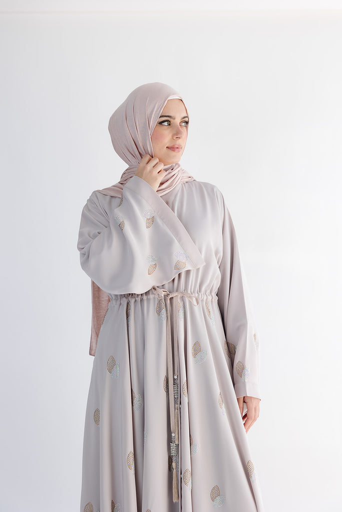 Premium Leaf Diamante Drawstring Open Abaya- Umbrella Cut