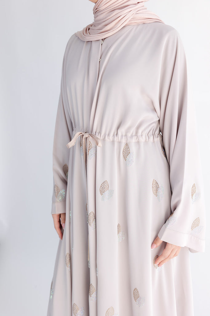 Premium Leaf Diamante Drawstring Open Abaya- Umbrella Cut