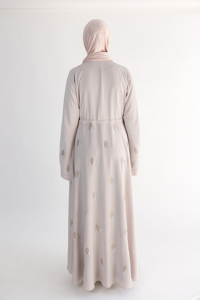 Premium Leaf Diamante Drawstring Open Abaya- Umbrella Cut
