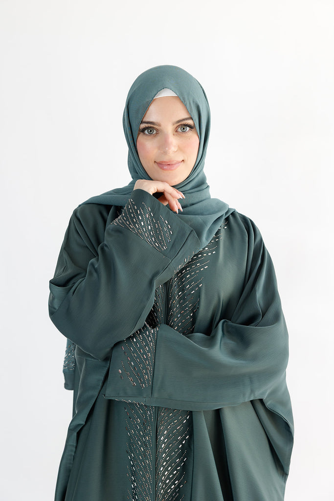 Green Open Abaya – Embellished Batwing Design with Luxury Border Detailing