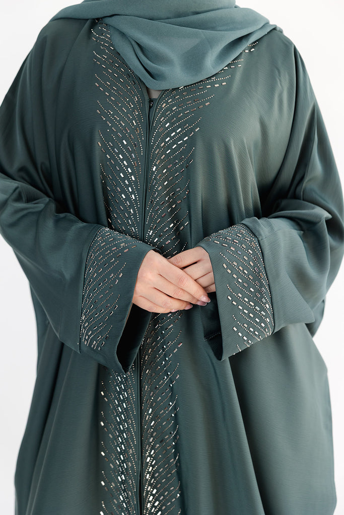 Green Open Abaya – Embellished Batwing Design with Luxury Border Detailing