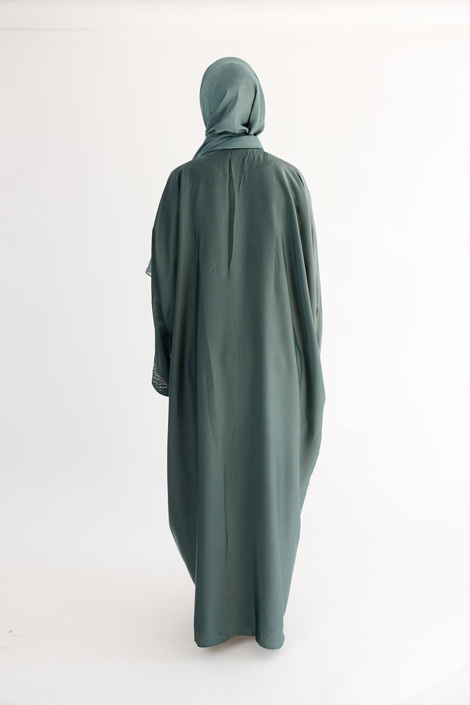 Green Open Abaya – Embellished Batwing Design with Luxury Border Detailing