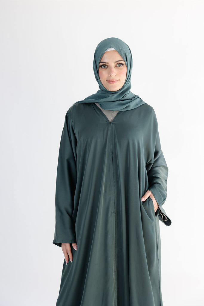 Dark Green Open Abaya – Ripple Satin Fabric with Pocket