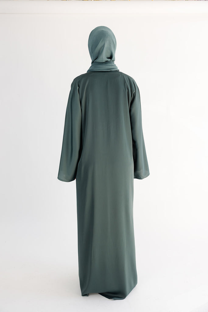 Dark Green Open Abaya – Ripple Satin Fabric with Pocket