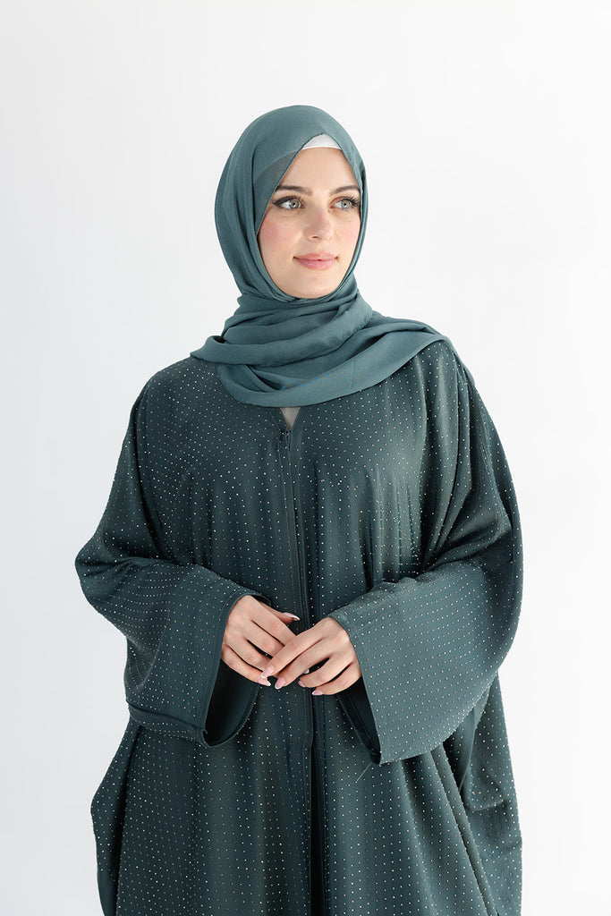 Emerald Green Open Abaya – Luxurious Embellished Batwing Design