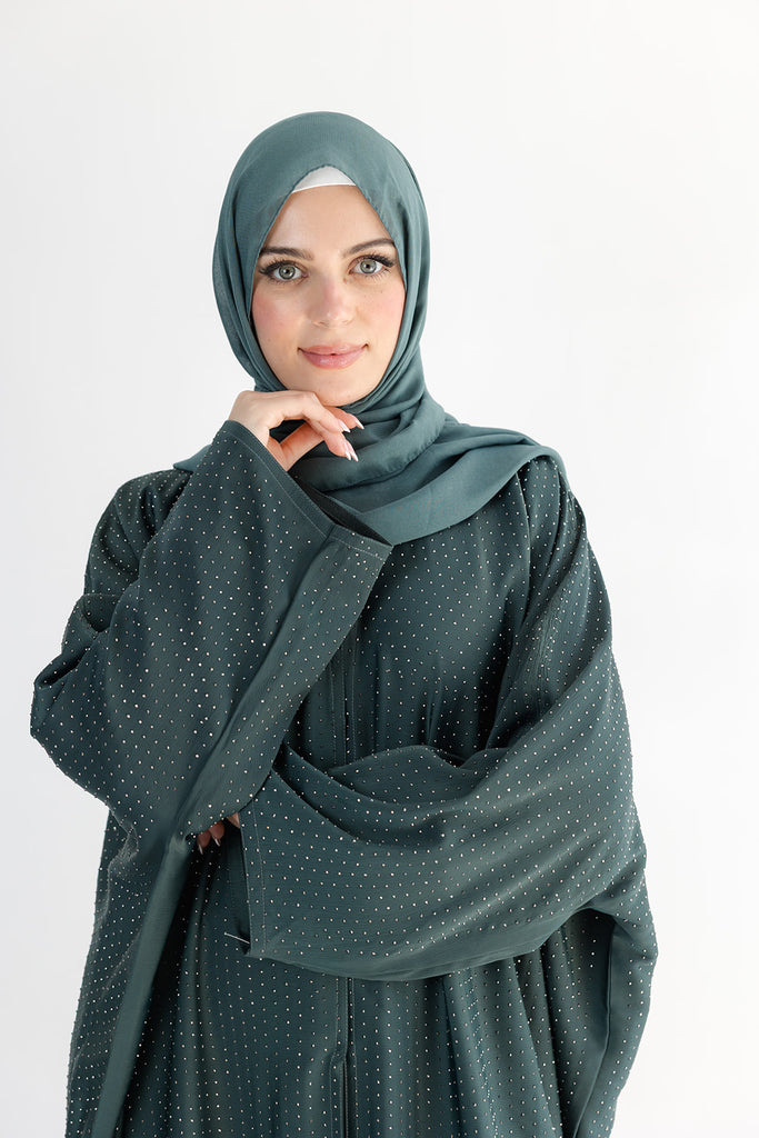 Emerald Green Open Abaya – Luxurious Embellished Batwing Design