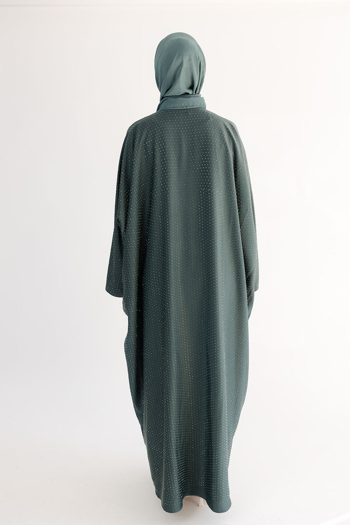 Emerald Green Open Abaya – Luxurious Embellished Batwing Design