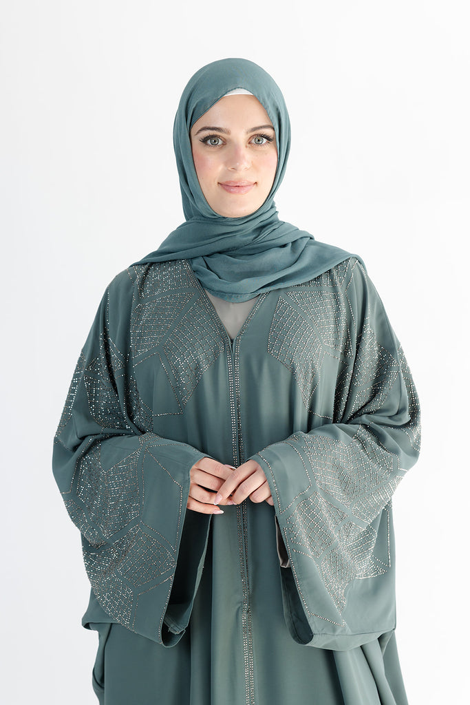Dark Turquoise Open Abaya – Luxurious Geometric Diamante Farasha Design