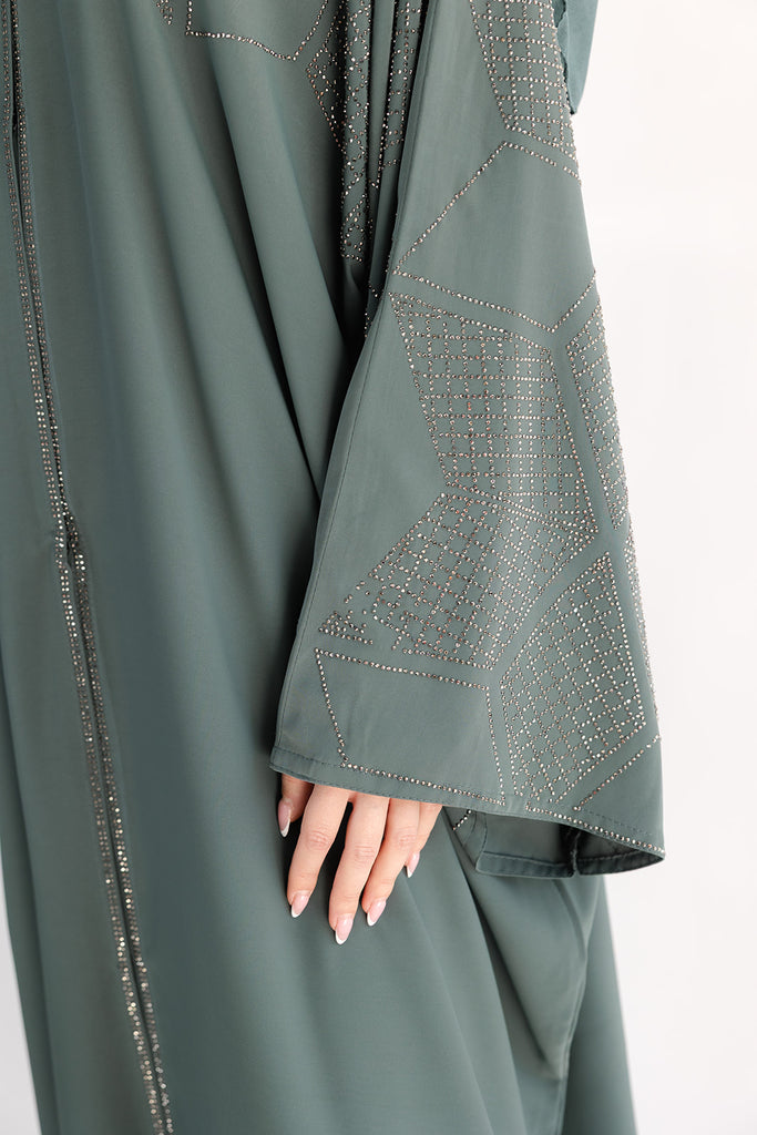 Dark Turquoise Open Abaya – Luxurious Geometric Diamante Farasha Design