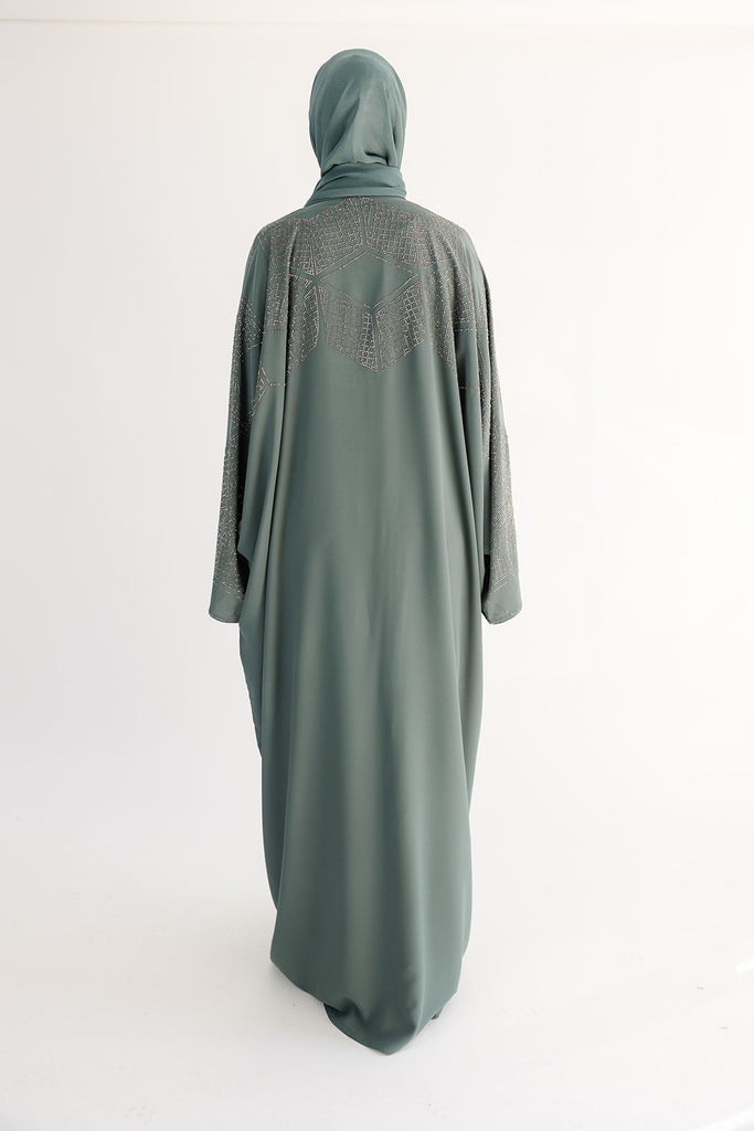 Dark Turquoise Open Abaya – Luxurious Geometric Diamante Farasha Design