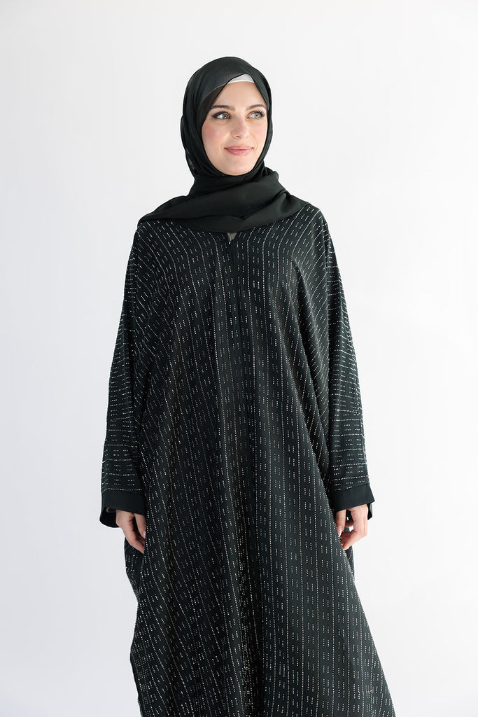 Dark Green Open Abaya – Luxurious Stone Embellished Batwing Design