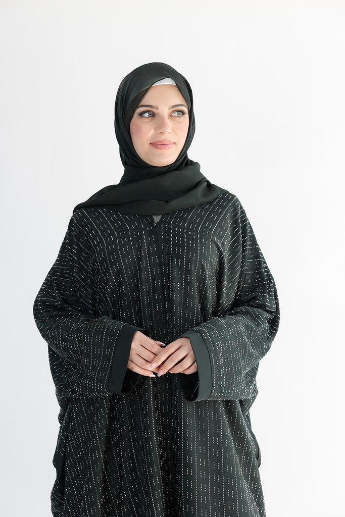Dark Green Open Abaya – Luxurious Stone Embellished Batwing Design