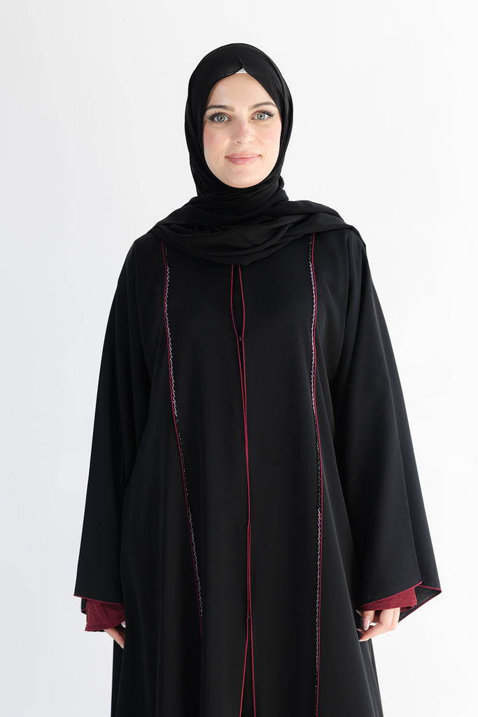 Black Open Abaya – Premium Maroon Stripe Design with Beaded Detailing