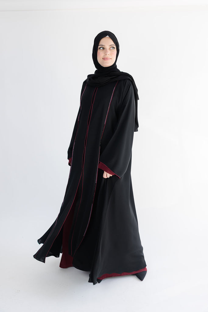 Black Open Abaya – Premium Maroon Stripe Design with Beaded Detailing