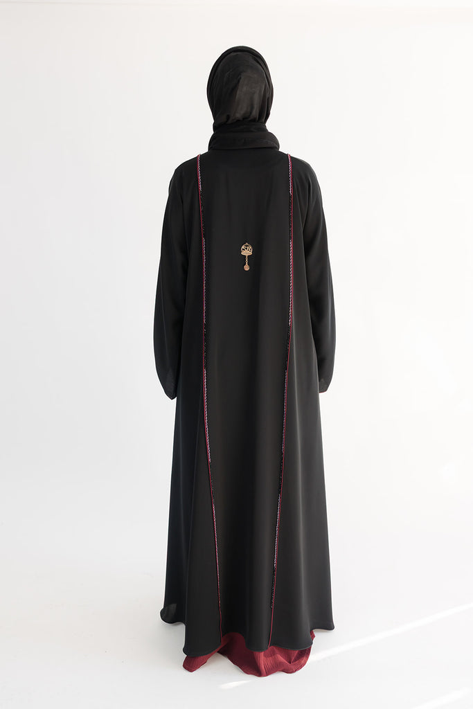 Black Open Abaya – Premium Maroon Stripe Design with Beaded Detailing