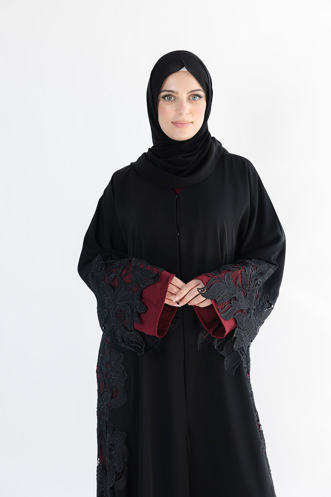 Black Open Abaya – Luxury Floral Lace Design