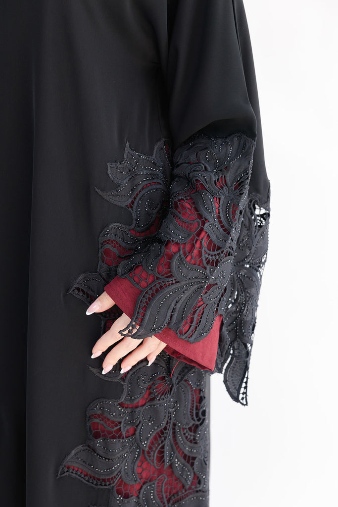 Black Open Abaya – Luxury Floral Lace Design