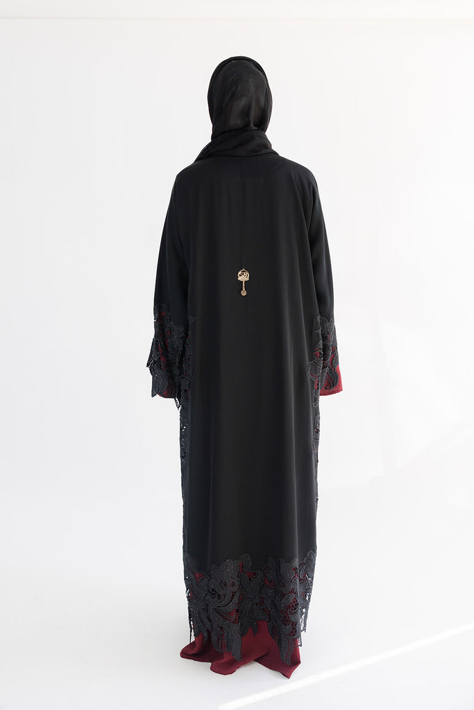 Black Open Abaya – Luxury Floral Lace Design