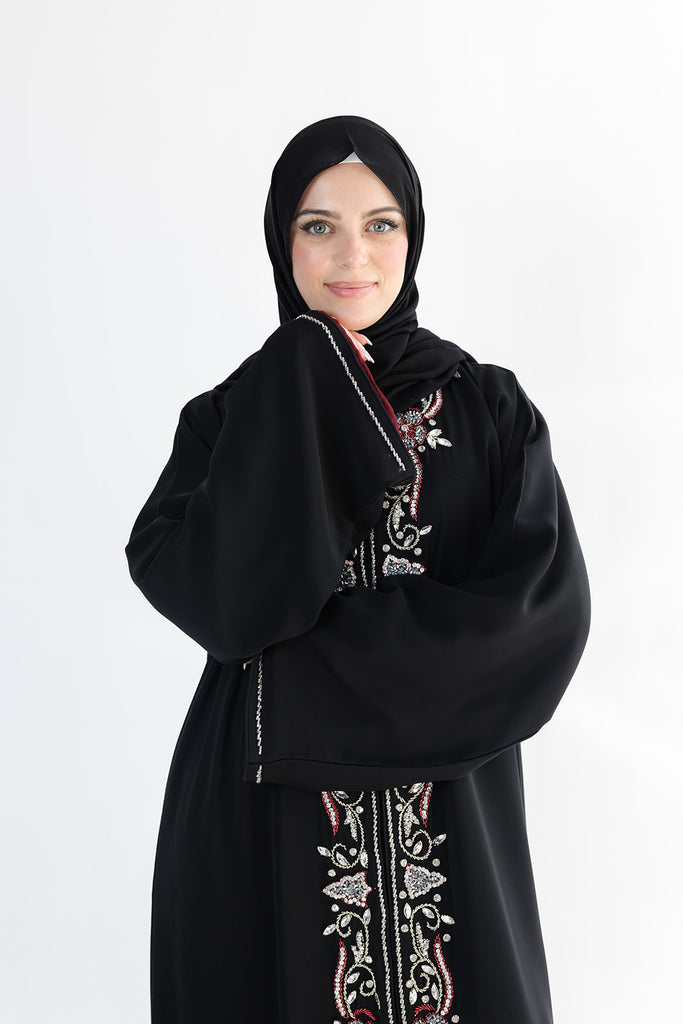 Black Open Abaya – Luxury Front Embellished Design