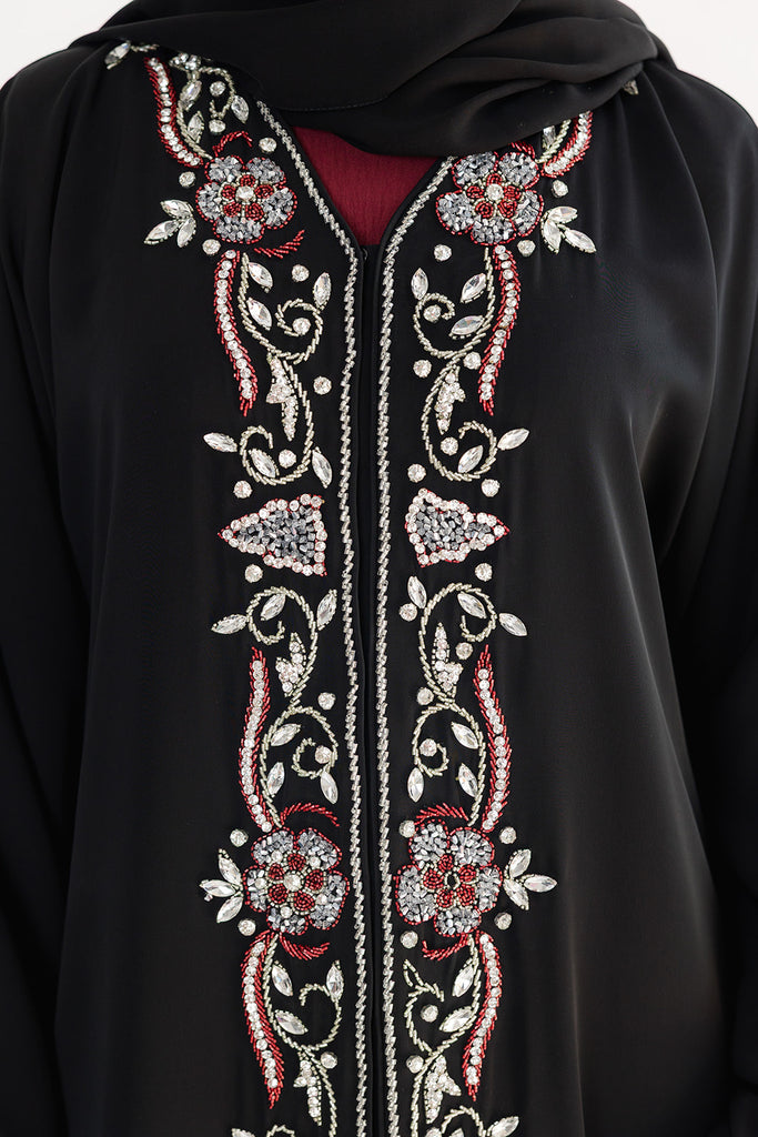 Black Open Abaya – Luxury Front Embellished Design