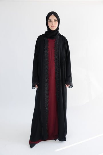 Luxury Black Leaf Lace Diamante Open Abaya
