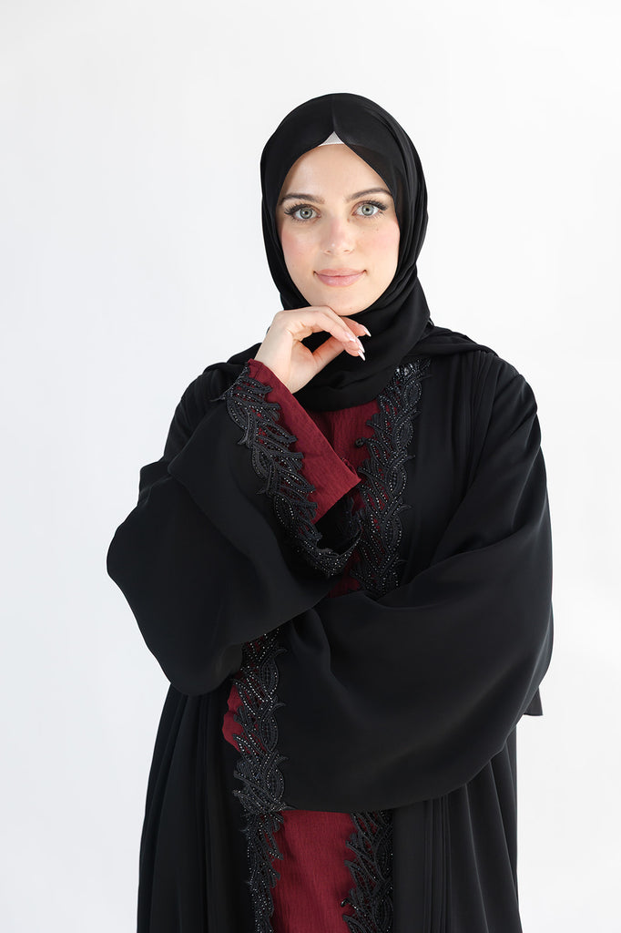 Black Open Abaya – Luxury Leaf Lace Design with Diamanté Detailing
