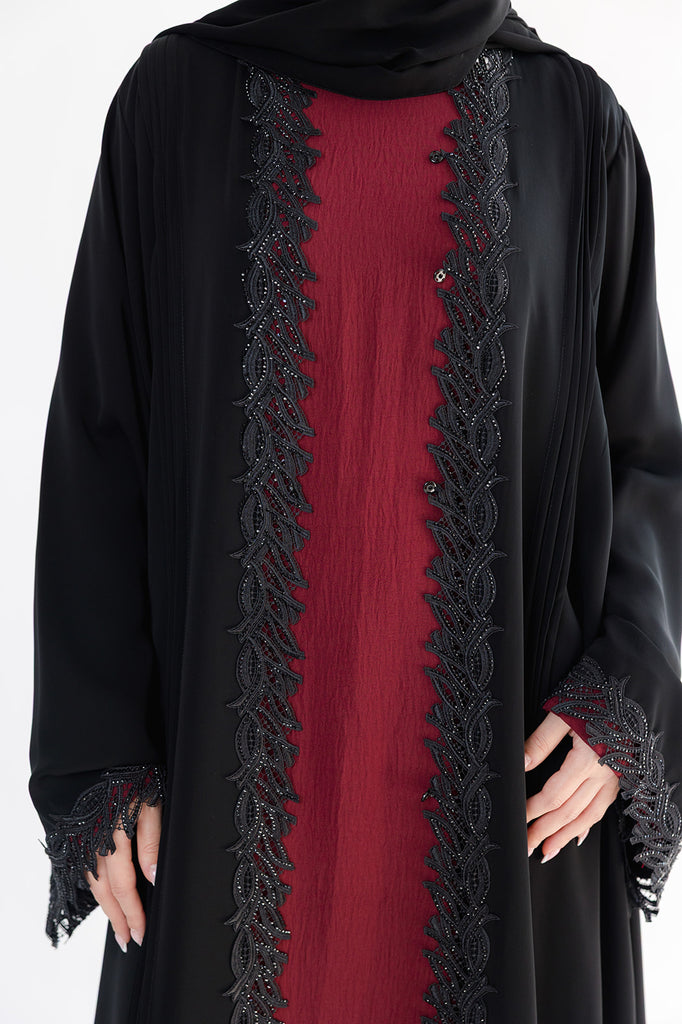 Black Open Abaya – Luxury Leaf Lace Design with Diamanté Detailing