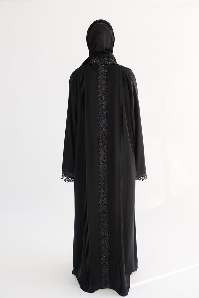 Black Open Abaya – Luxury Leaf Lace Design with Diamanté Detailing