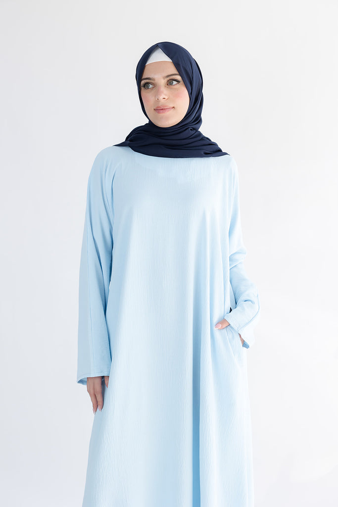 Light Blue Closed Abaya – Crushed Polyester with Pocket