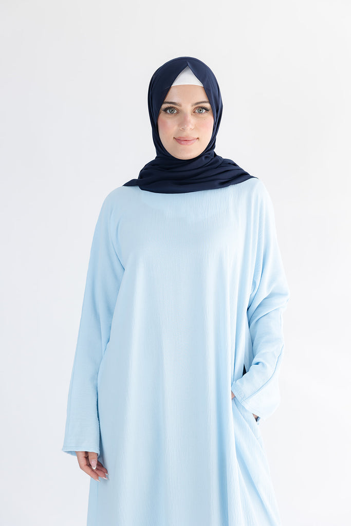 Light Blue Closed Abaya – Crushed Polyester with Pocket