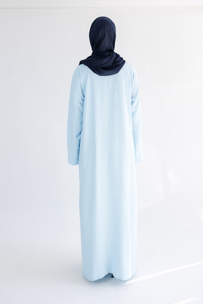 Light Blue Closed Abaya – Crushed Polyester with Pocket