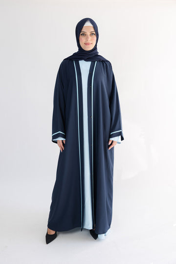 Premium Navy Blue Line Border Open Abaya with Pocket