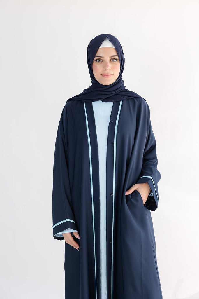 Premium Navy Open Abaya – Blue Line Border Design with Pocket