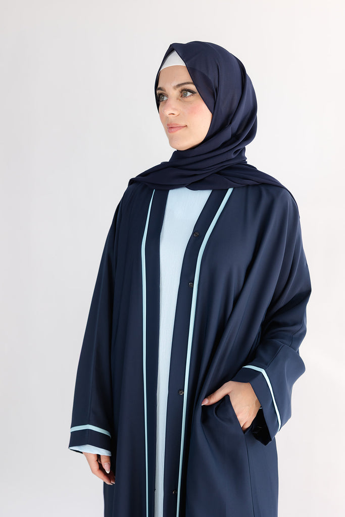 Premium Navy Open Abaya – Blue Line Border Design with Pocket